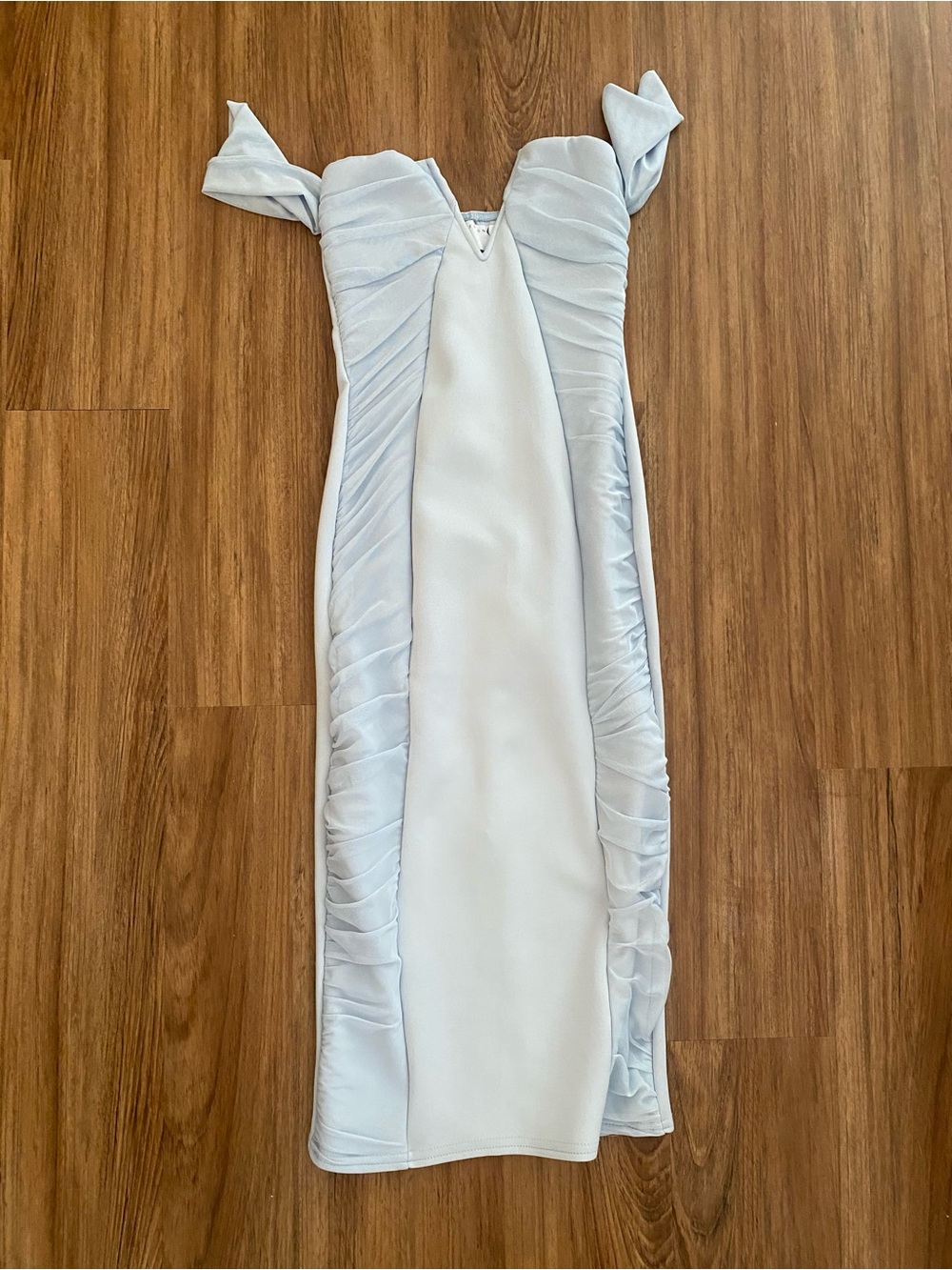 ASOS Pale Blue Off-Shoulder Ruched Midi Dress